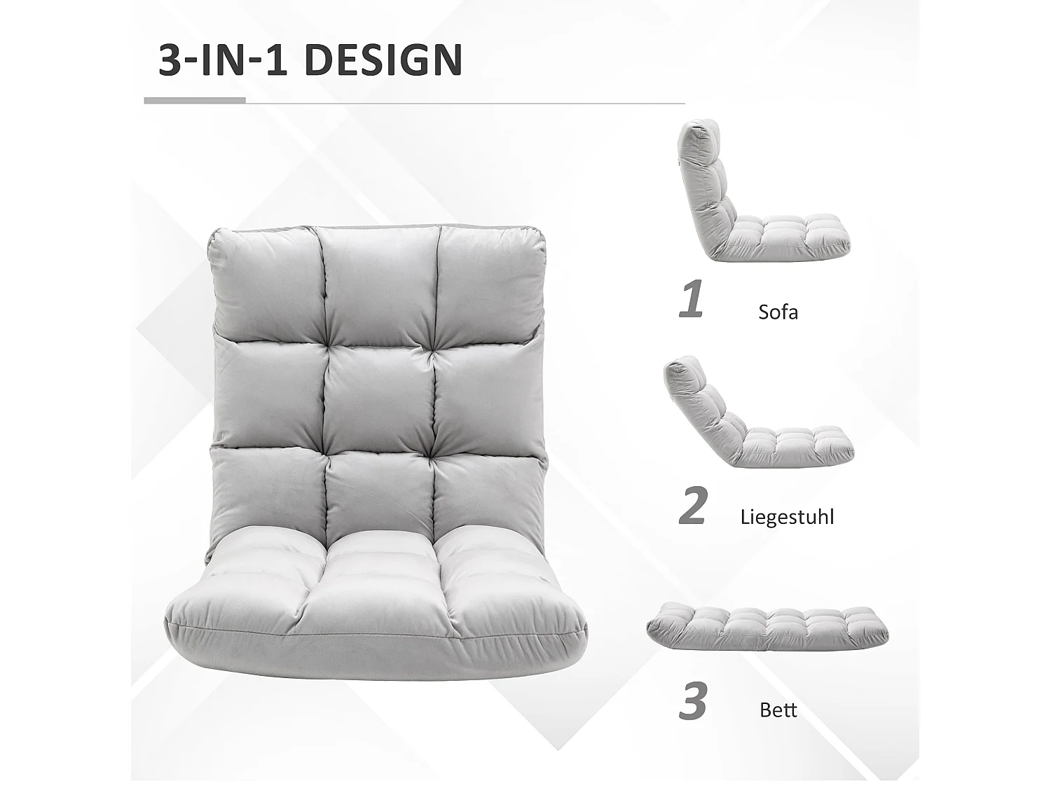 Canapé convertible 3-en-1, dossier réglable 13 positions, métal et mousse haute densité, gris (55x71x53.5cm)