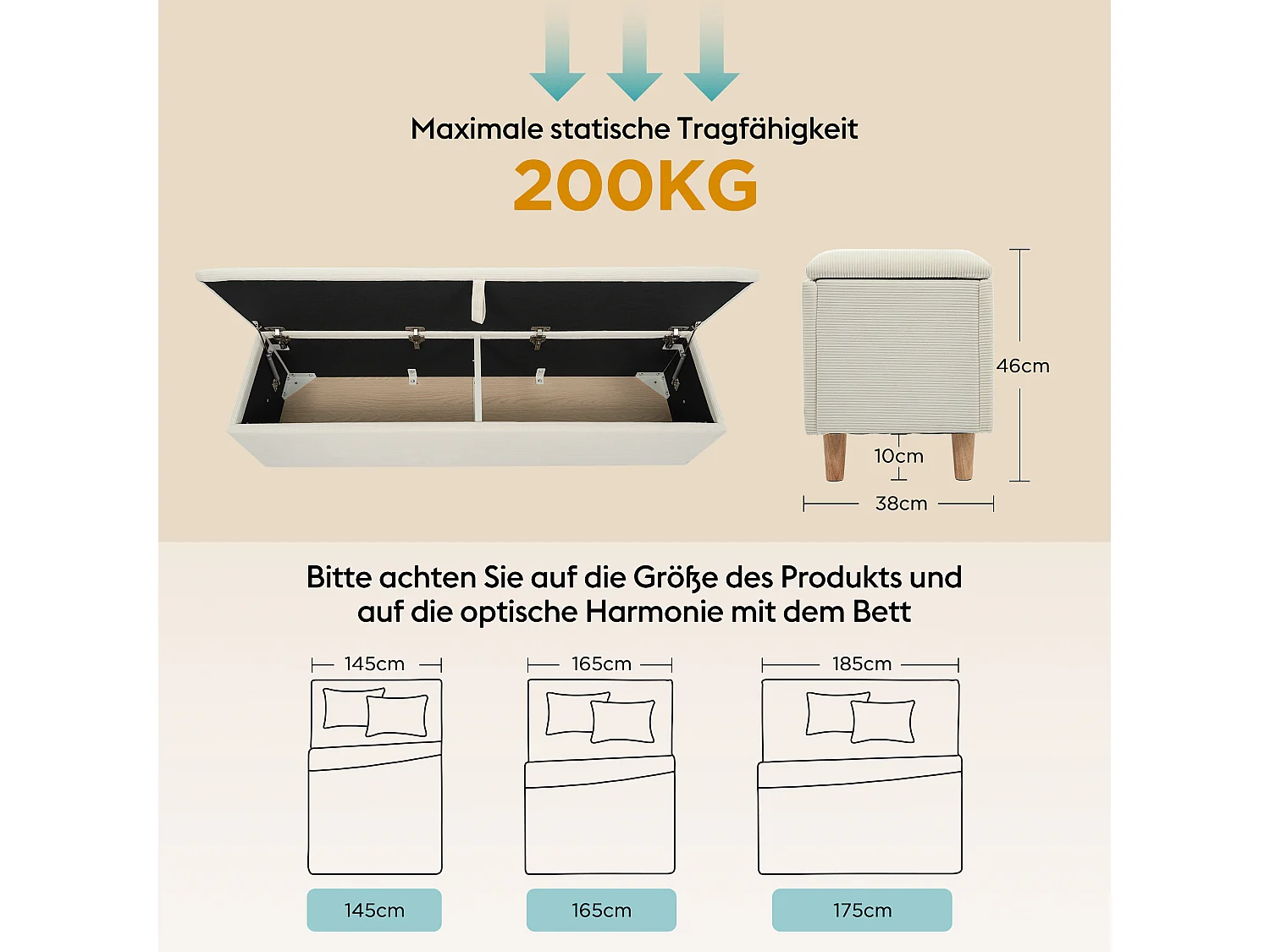 Bedbank met hydraulische opbergruimte, elegant design, corduroy en hout, beige (175x38x46 cm)