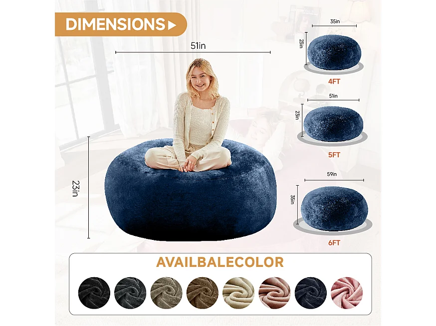 Sacs de siège géant, design ergonomique et ultra-confortable, mousse, bleu (90x90x50cm)