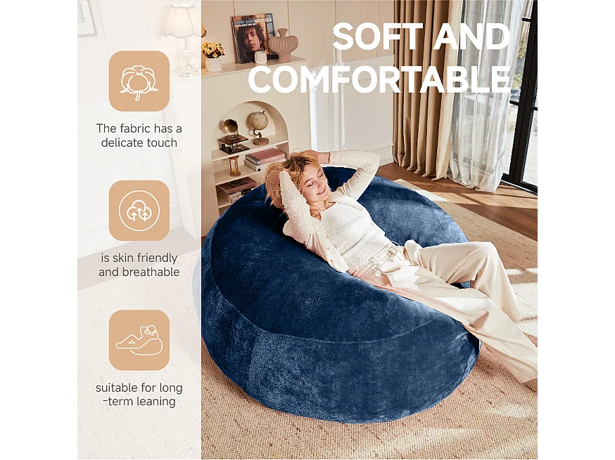 Sacs de siège géant, design ergonomique et ultra-confortable, mousse, bleu (90x90x50cm)