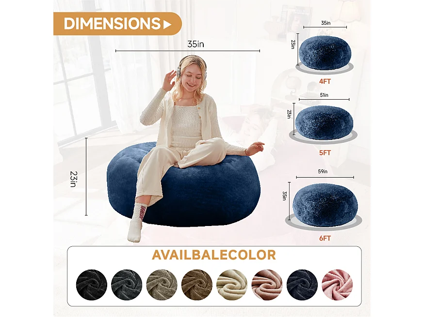 Sacs de siège géant, design ergonomique et ultra-confortable, mousse, bleu (90x90x50cm)