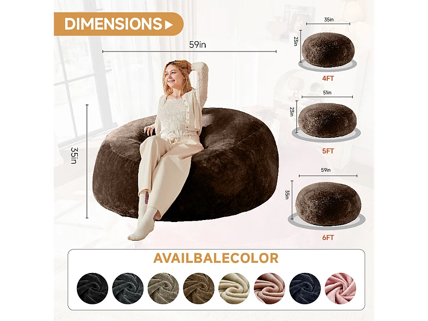 Sacs de siège géant pour adulte, ultra-confortable et moelleux, mousse, marron (150x150x60cm)