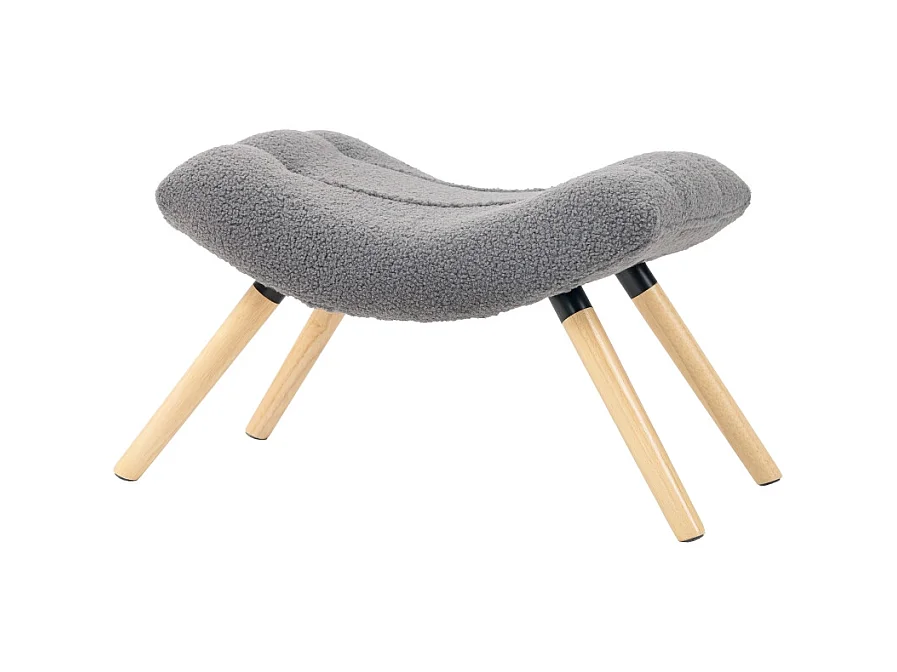Tabouret de salon en tissu Berber fleece, design ergonomique, polyester, gris foncé, avec pieds en hêtre (67x45x38cm)