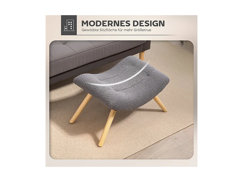 Tabouret de salon en tissu Berber fleece, design ergonomique, polyester, gris foncé, avec pieds en hêtre (67x45x38cm)