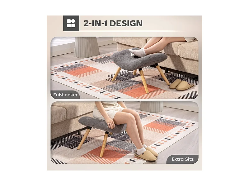 Tabouret de salon en tissu Berber fleece, design ergonomique, polyester, gris foncé, avec pieds en hêtre (67x45x38cm)