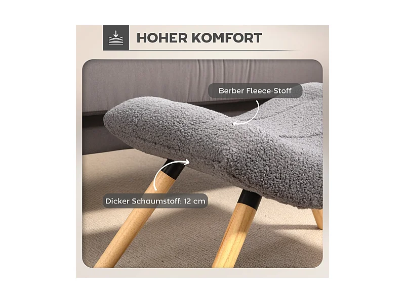 Tabouret de salon en tissu Berber fleece, design ergonomique, polyester, gris foncé, avec pieds en hêtre (67x45x38cm)