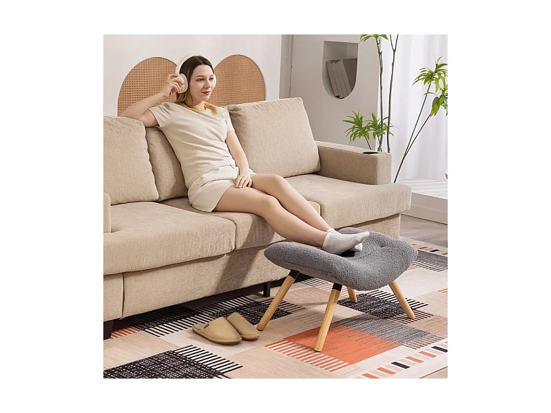 Tabouret de salon en tissu Berber fleece, design ergonomique, polyester, gris foncé, avec pieds en hêtre (67x45x38cm)