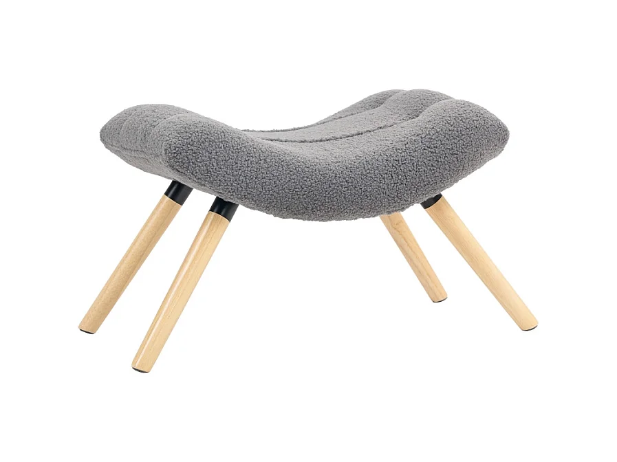 Tabouret de salon en tissu Berber fleece, design ergonomique, polyester, gris foncé, avec pieds en hêtre (67x45x38cm)