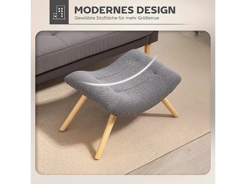 Tabouret de salon en tissu Berber fleece, design ergonomique, polyester, gris foncé, avec pieds en hêtre (67x45x38cm)