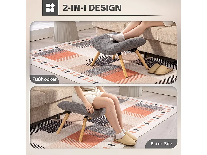 Tabouret de salon en tissu Berber fleece, design ergonomique, polyester, gris foncé, avec pieds en hêtre (67x45x38cm)