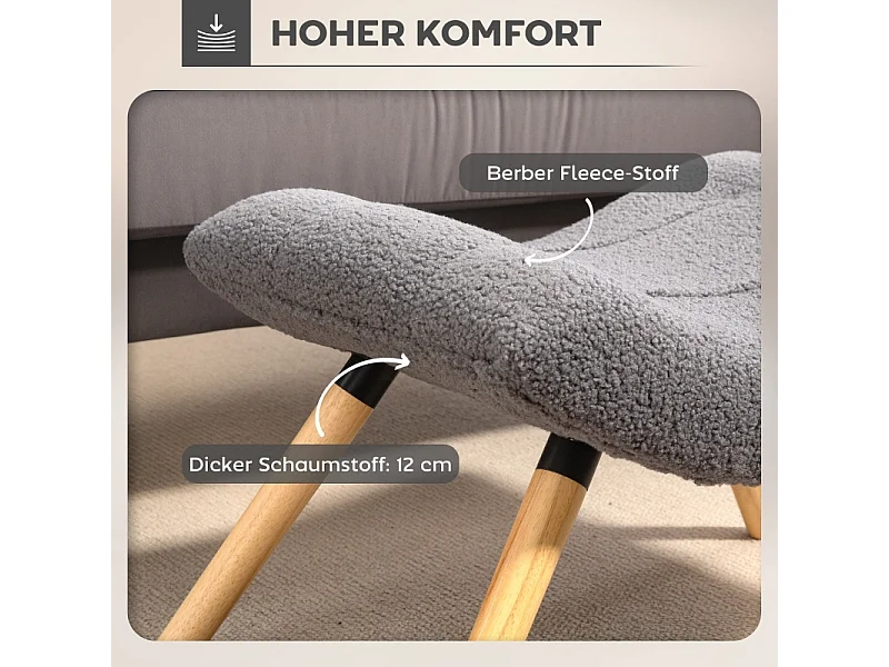 Tabouret de salon en tissu Berber fleece, design ergonomique, polyester, gris foncé, avec pieds en hêtre (67x45x38cm)