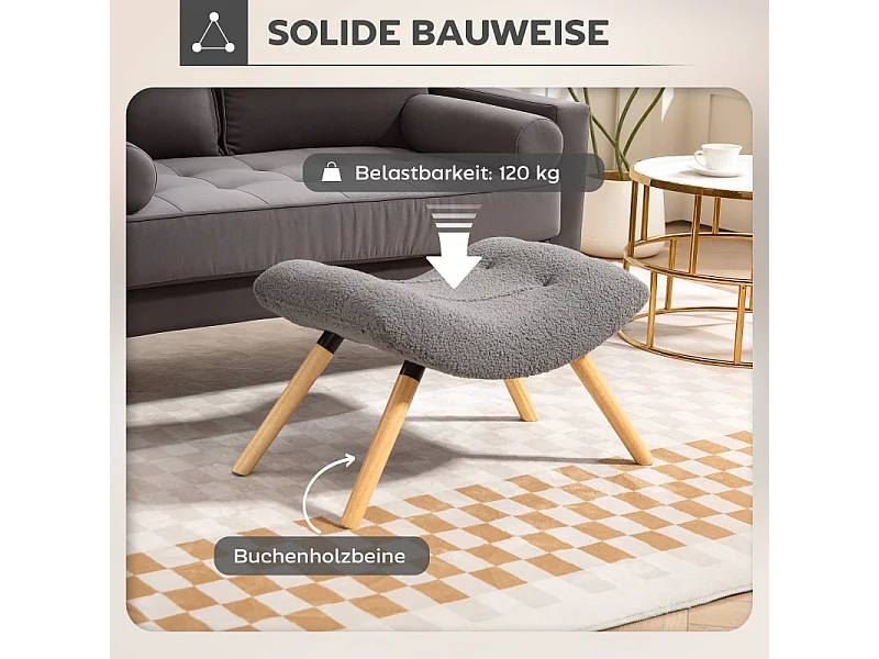 Tabouret de salon en tissu Berber fleece, design ergonomique, polyester, gris foncé, avec pieds en hêtre (67x45x38cm)