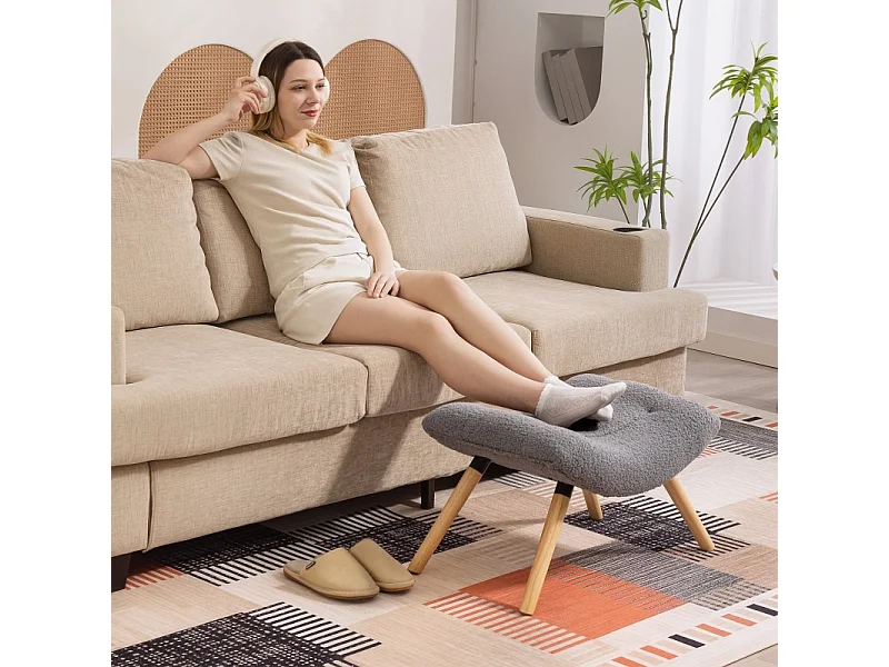 Tabouret de salon en tissu Berber fleece, design ergonomique, polyester, gris foncé, avec pieds en hêtre (67x45x38cm)