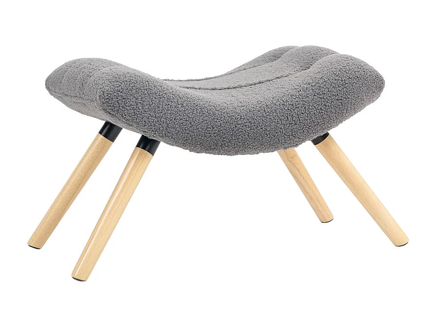 Tabouret de salon en tissu Berber fleece, design ergonomique, polyester, gris foncé, avec pieds en hêtre (67x45x38cm)