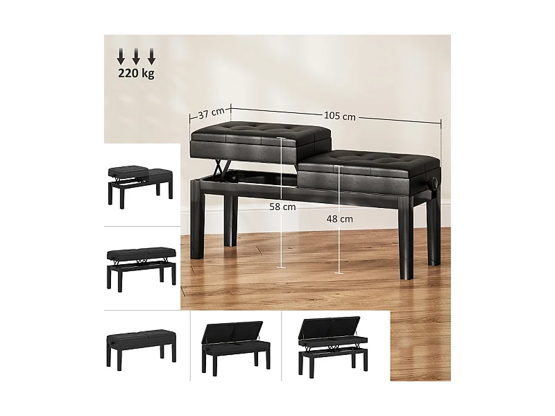 Tabouret de piano réglable en hauteur, avec rangement, similicuir, noir (105x37x48-58cm)