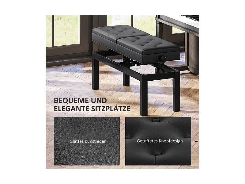 Tabouret de piano réglable en hauteur, avec rangement, similicuir, noir (105x37x48-58cm)