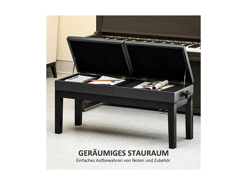 Tabouret de piano réglable en hauteur, avec rangement, similicuir, noir (105x37x48-58cm)