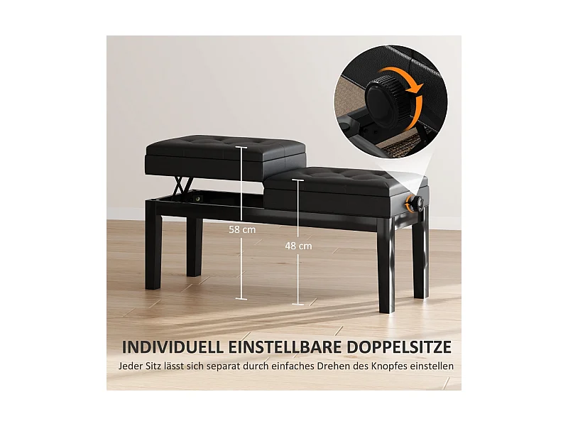 Tabouret de piano réglable en hauteur, avec rangement, similicuir, noir (105x37x48-58cm)