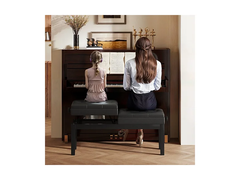 Tabouret de piano réglable en hauteur, avec rangement, similicuir, noir (105x37x48-58cm)