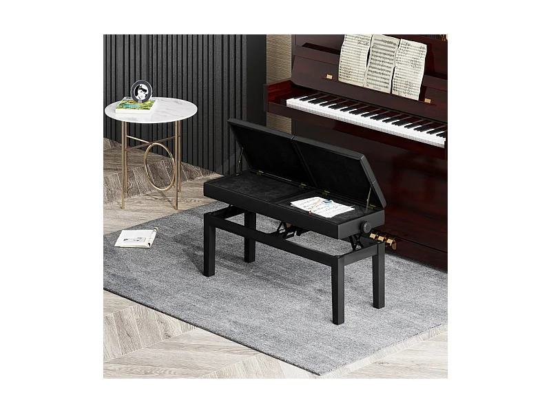 Tabouret de piano réglable en hauteur, avec rangement, similicuir, noir (105x37x48-58cm)