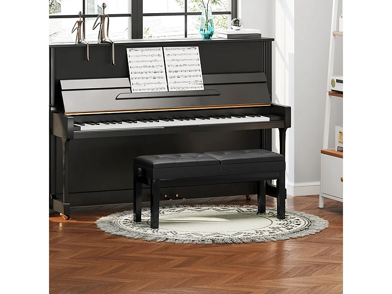 In hoogte verstelbare pianokruk met opbergruimte, imitatieleer, zwart (105x37x48-58cm)