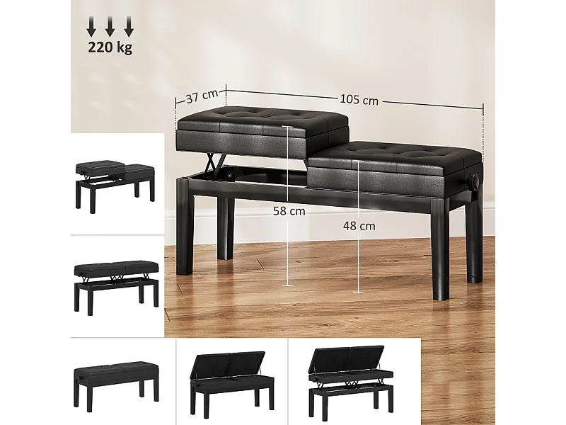 In hoogte verstelbare pianokruk met opbergruimte, imitatieleer, zwart (105x37x48-58cm)