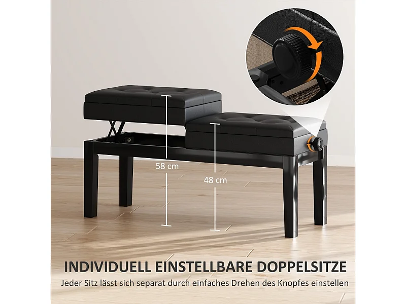 In hoogte verstelbare pianokruk met opbergruimte, imitatieleer, zwart (105x37x48-58cm)