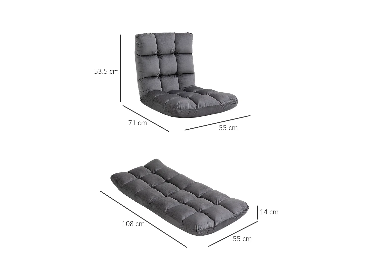 Fauteuil pliant convertible 3-en-1, dossier réglable 13 positions, polyester, gris foncé, rembourrage mousse (55x71x53.5cm)