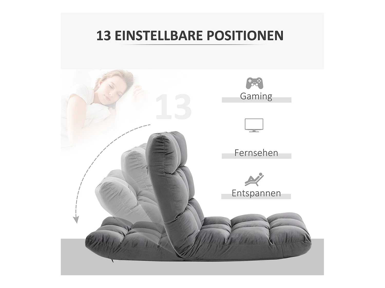 Fauteuil pliant convertible 3-en-1, dossier réglable 13 positions, polyester, gris foncé, rembourrage mousse (55x71x53.5cm)