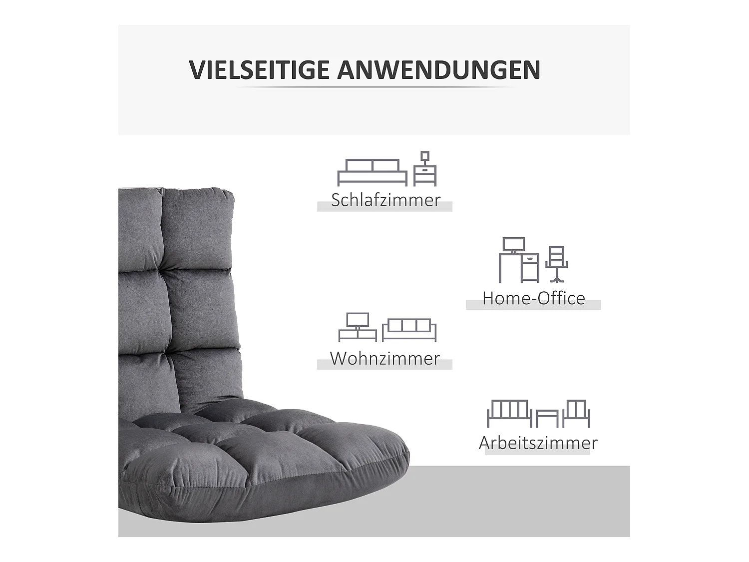 Fauteuil pliant convertible 3-en-1, dossier réglable 13 positions, polyester, gris foncé, rembourrage mousse (55x71x53.5cm)