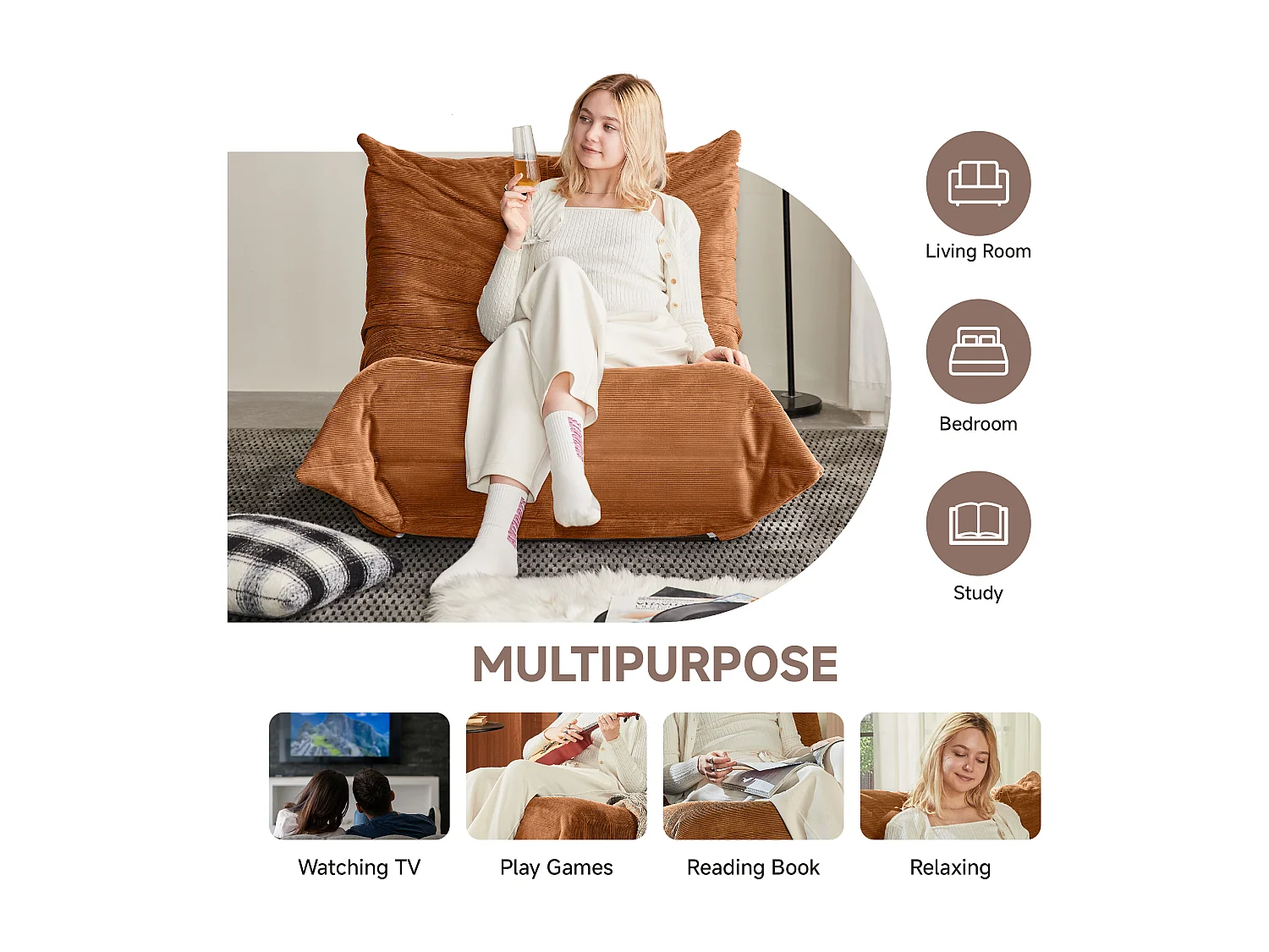 Sofá modular auxiliar, diseño ergonómico, viscoelástico, color naranja (105x95x85cm)