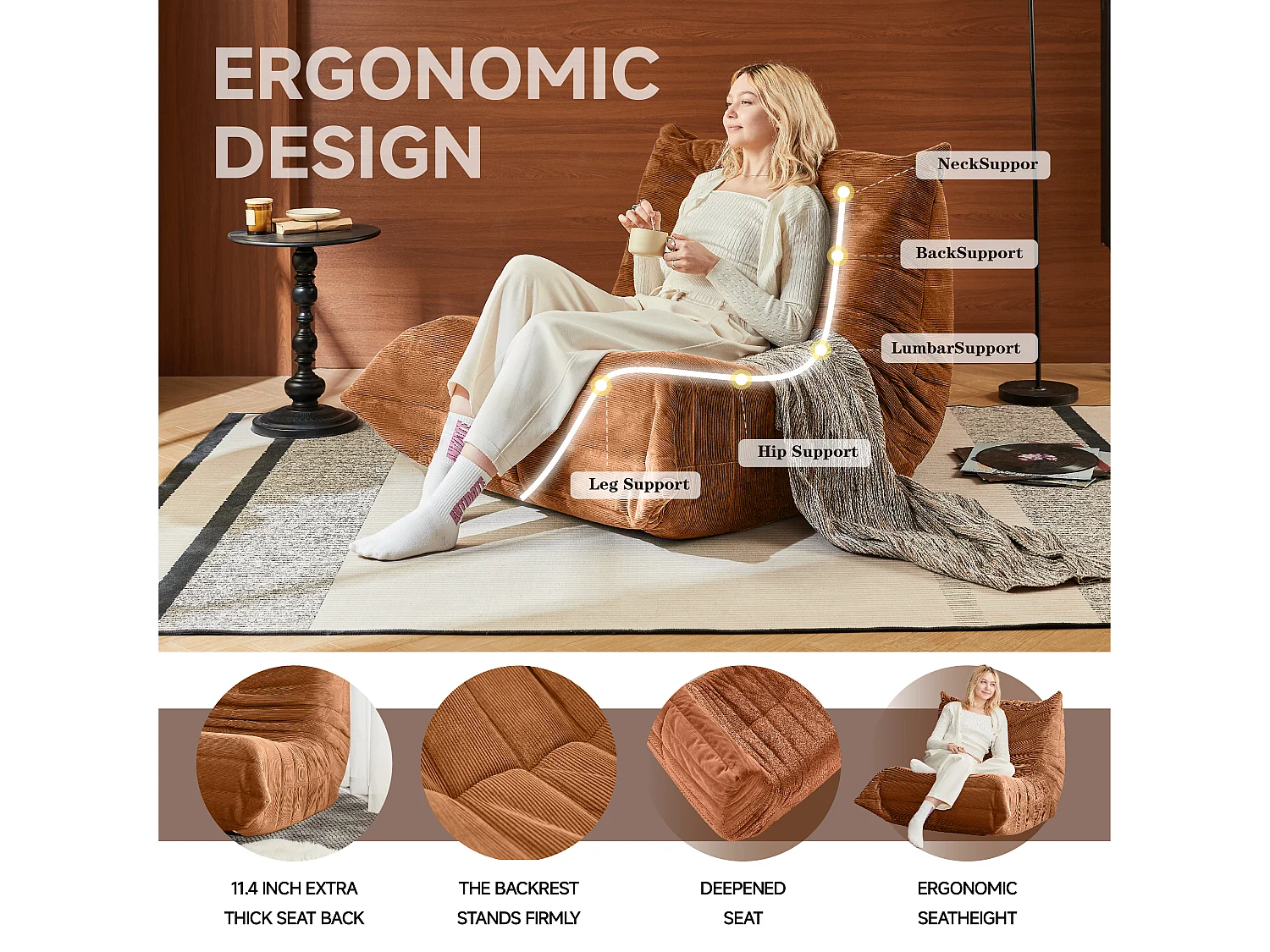 Sofá modular auxiliar, diseño ergonómico, viscoelástico, color naranja (105x95x85cm)