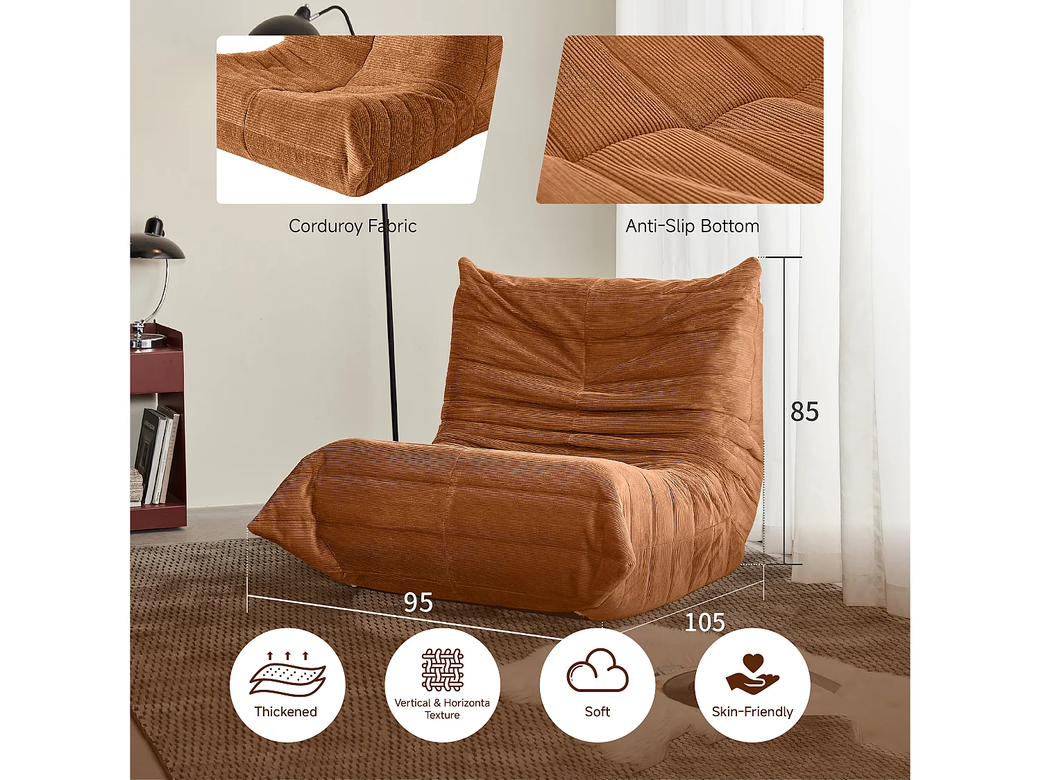 Sofá modular auxiliar, diseño ergonómico, viscoelástico, color naranja (105x95x85cm)