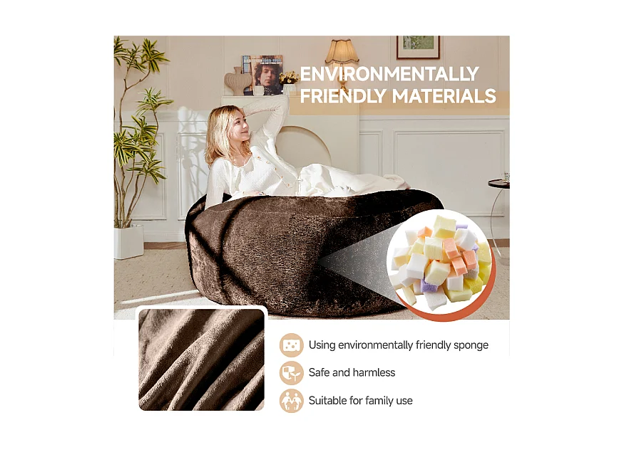 Sacs de siège géant, moelleux et confortable, mousse, marron (90x90x50 cm)