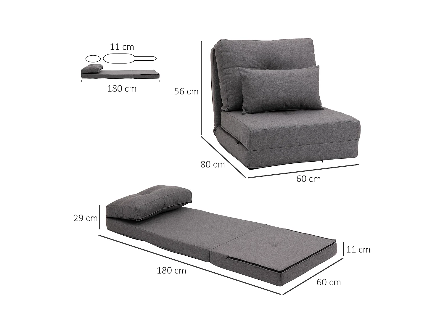 Canapé convertible 2-en-1 avec dossier réglable, housse en lin, gris foncé (80x60x56cm)