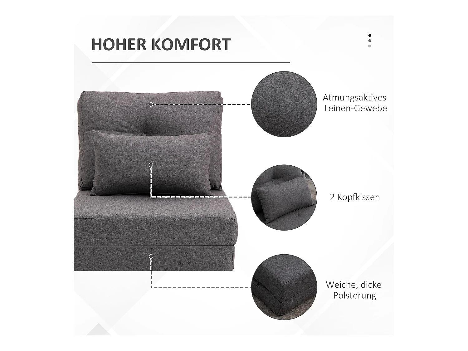 Canapé convertible 2-en-1 avec dossier réglable, housse en lin, gris foncé (80x60x56cm)