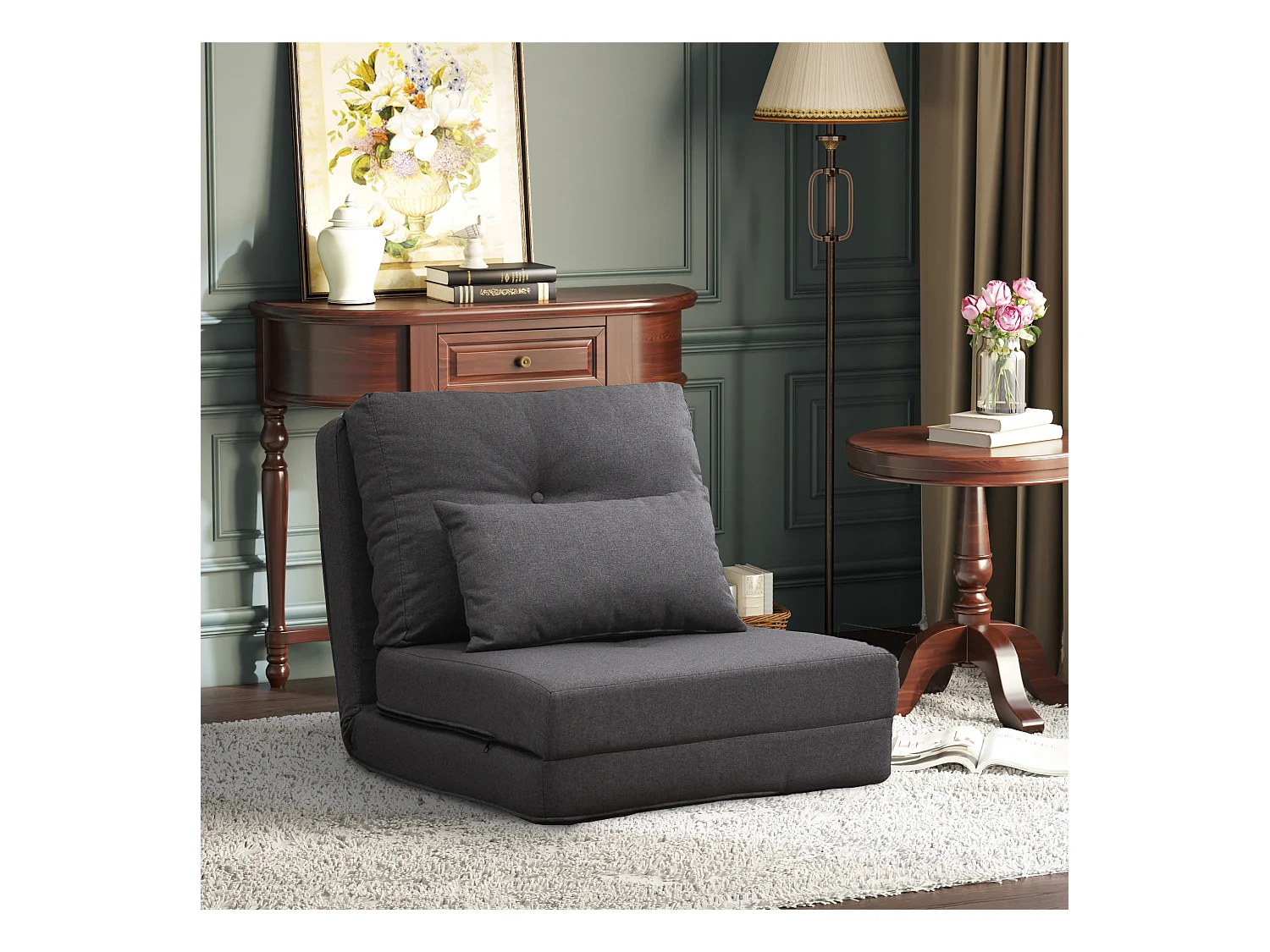 Sofá cama 2 en 1 con respaldo regulable, funda de lino, gris oscuro (80x60x56cm)