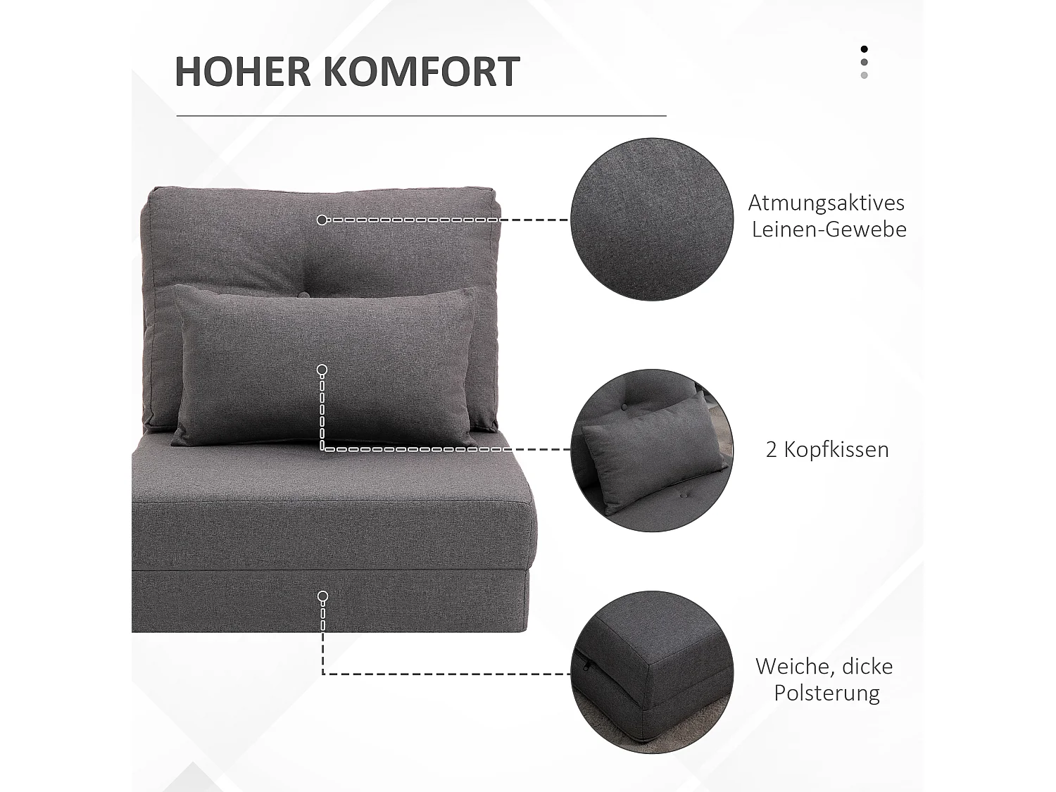 Canapé convertible 2-en-1 avec dossier réglable, housse en lin, gris foncé (80x60x56cm)