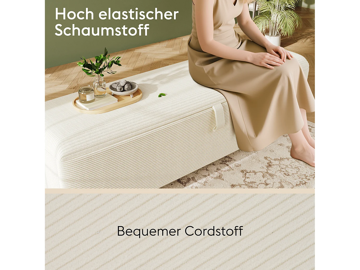Bedbank met hydraulische opbergruimte, elegant design, corduroy en hout, beige (145x38x46 cm)
