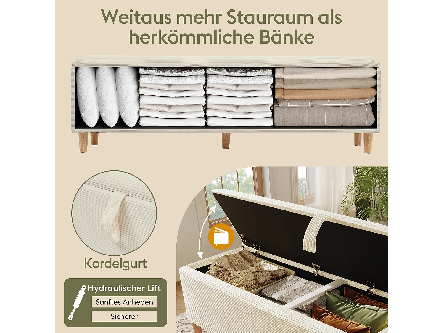 Bedbank met hydraulische opbergruimte, elegant design, corduroy en hout, beige (145x38x46 cm)