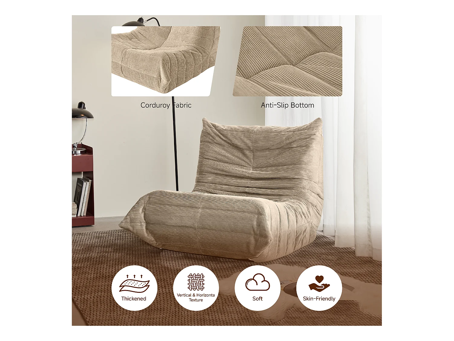 Canapé d'appoint modulable, design ergonomique en mousse mémoire, similicuir abricot, pour salon ou chambre (105x95x85cm)