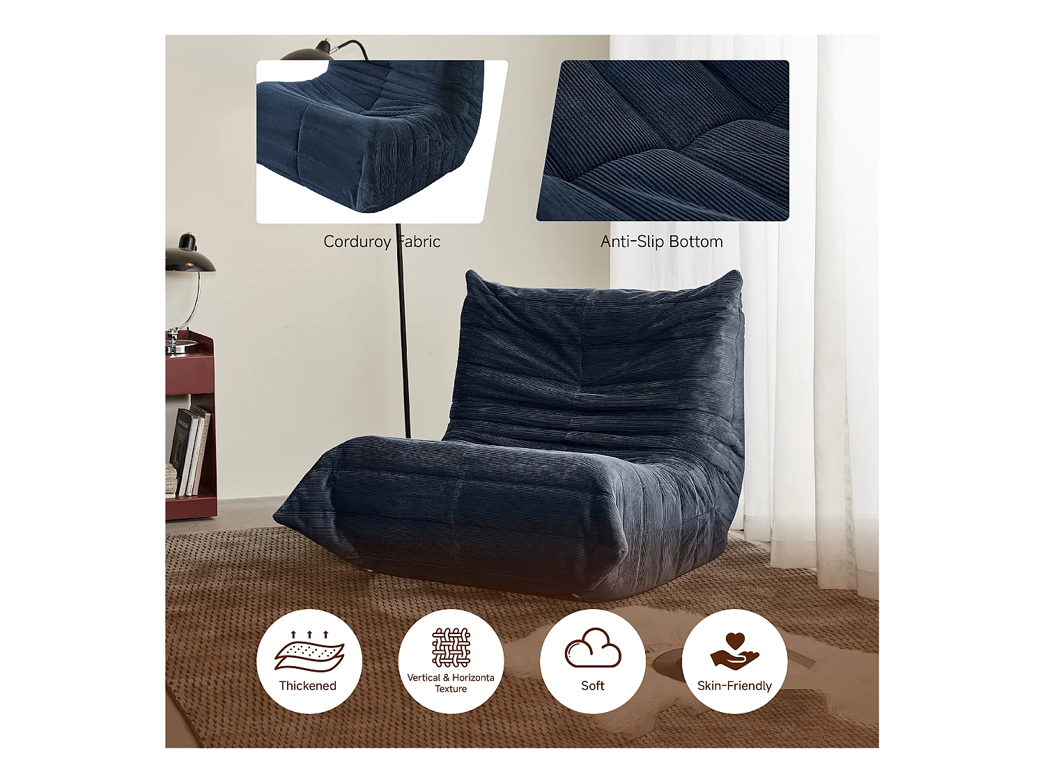 Sofá modular ergonómico, espuma viscoelástica ultrasuave, diseño contemporáneo, azul (105x95x85cm)