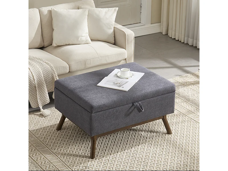 Mesa cuadrada básica moderna con espacio de almacenamiento, diseño de mediados de siglo, madera maciza y lino, gris oscuro (80 x 59 x 45 cm)