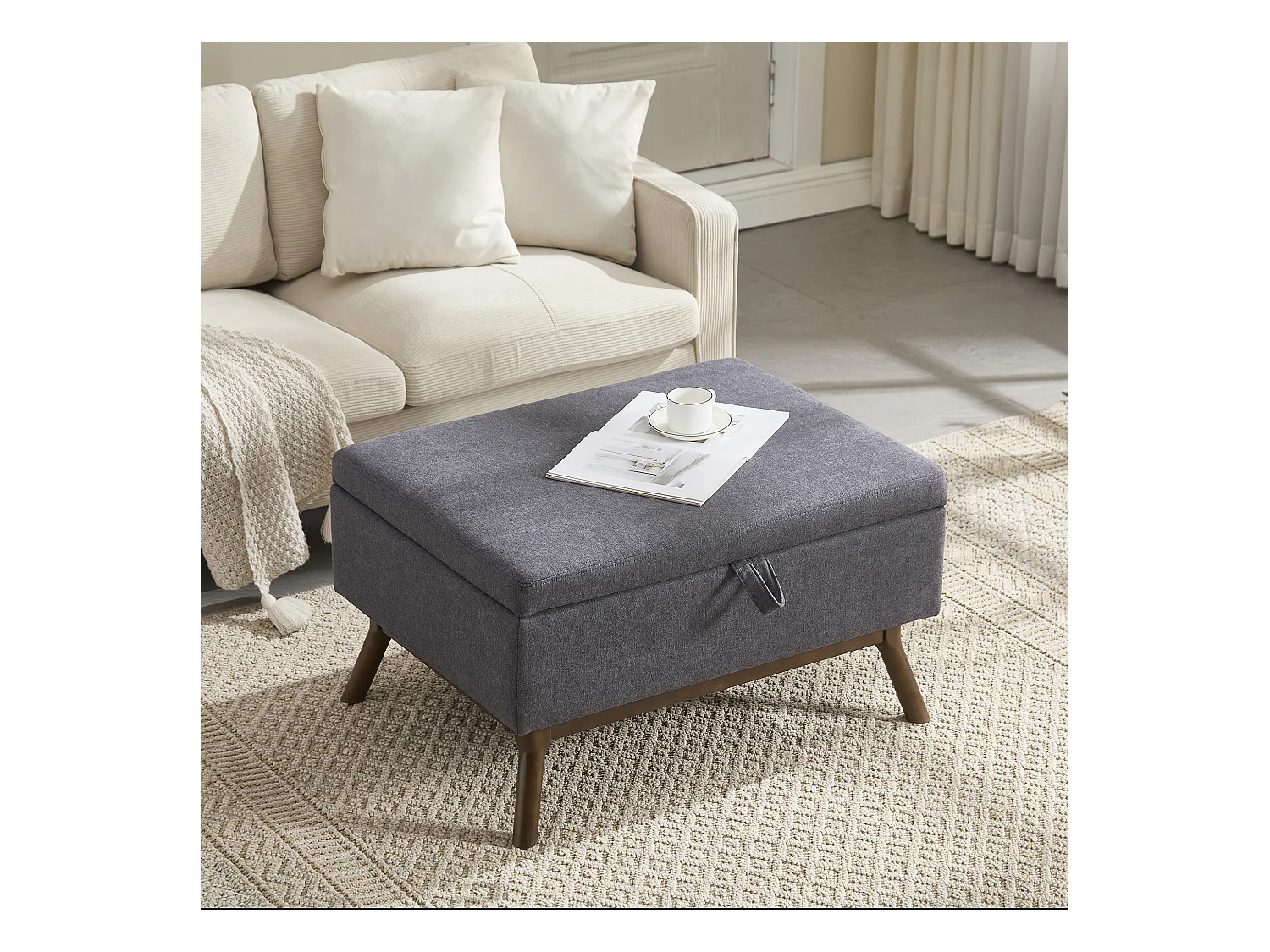 Table basique moderne carrée avec rangement, design milieu de siècle, bois massif et lin, gris foncé (80x59x45cm)