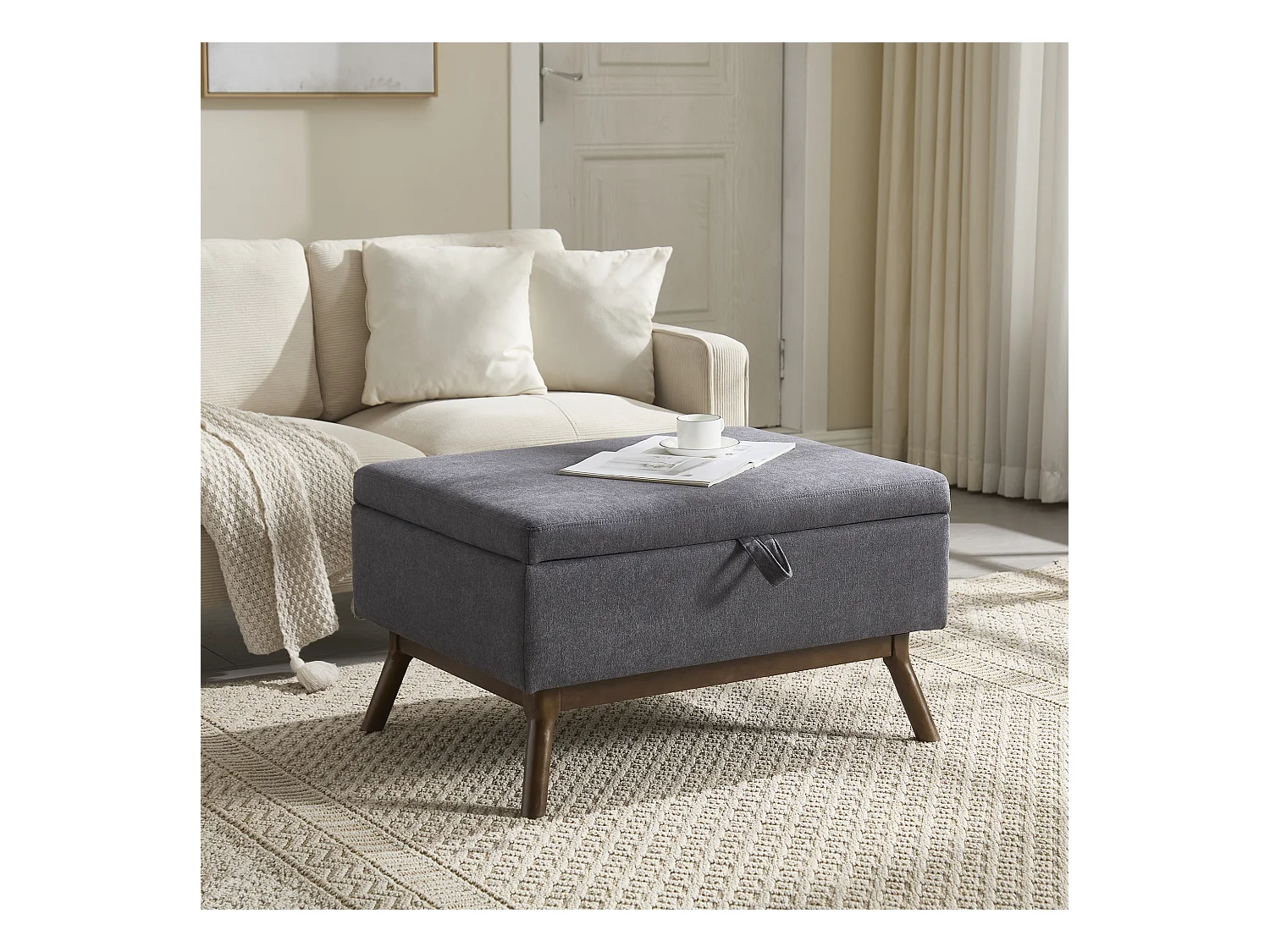 Table basique moderne carrée avec rangement, design milieu de siècle, bois massif et lin, gris foncé (80x59x45cm)