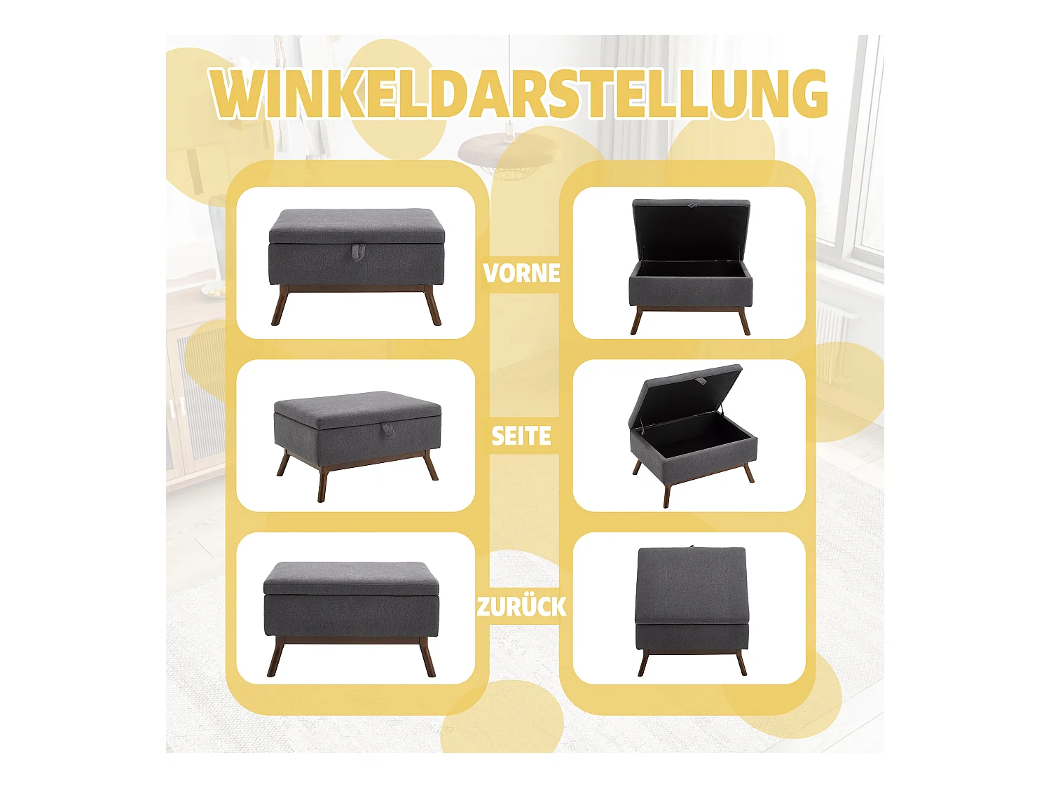 Table basique moderne carrée avec rangement, design milieu de siècle, bois massif et lin, gris foncé (80x59x45cm)