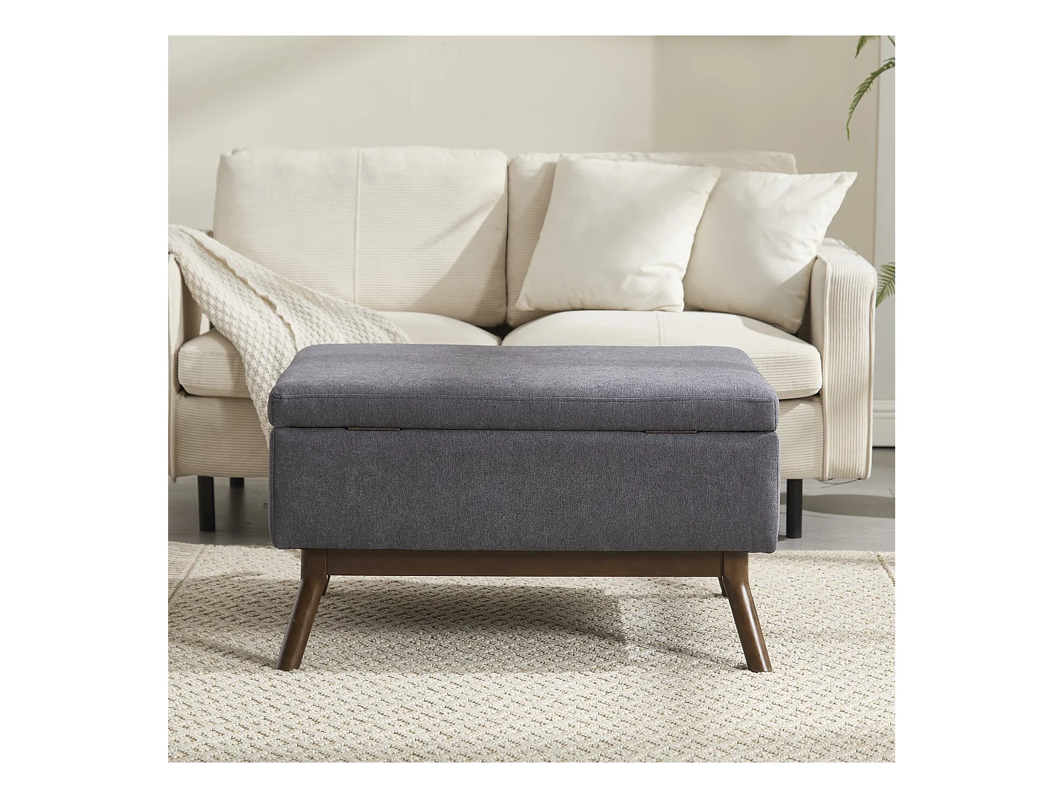 Table basique moderne carrée avec rangement, design milieu de siècle, bois massif et lin, gris foncé (80x59x45cm)