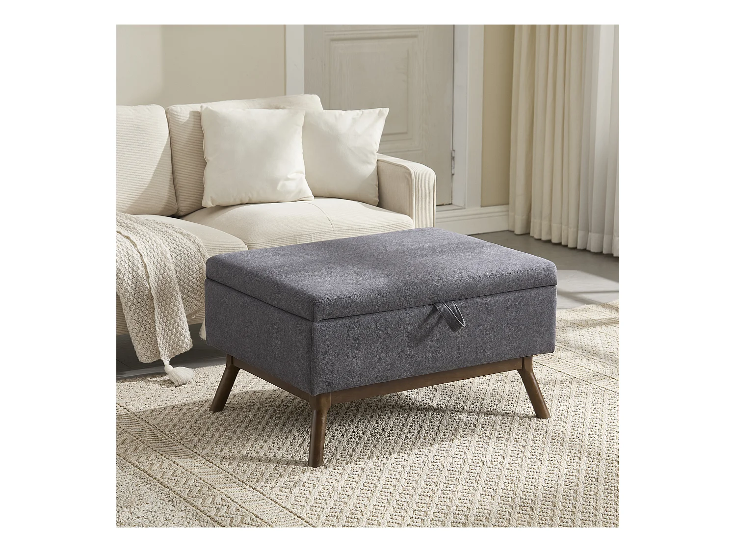 Table basique moderne carrée avec rangement, design milieu de siècle, bois massif et lin, gris foncé (80x59x45cm)