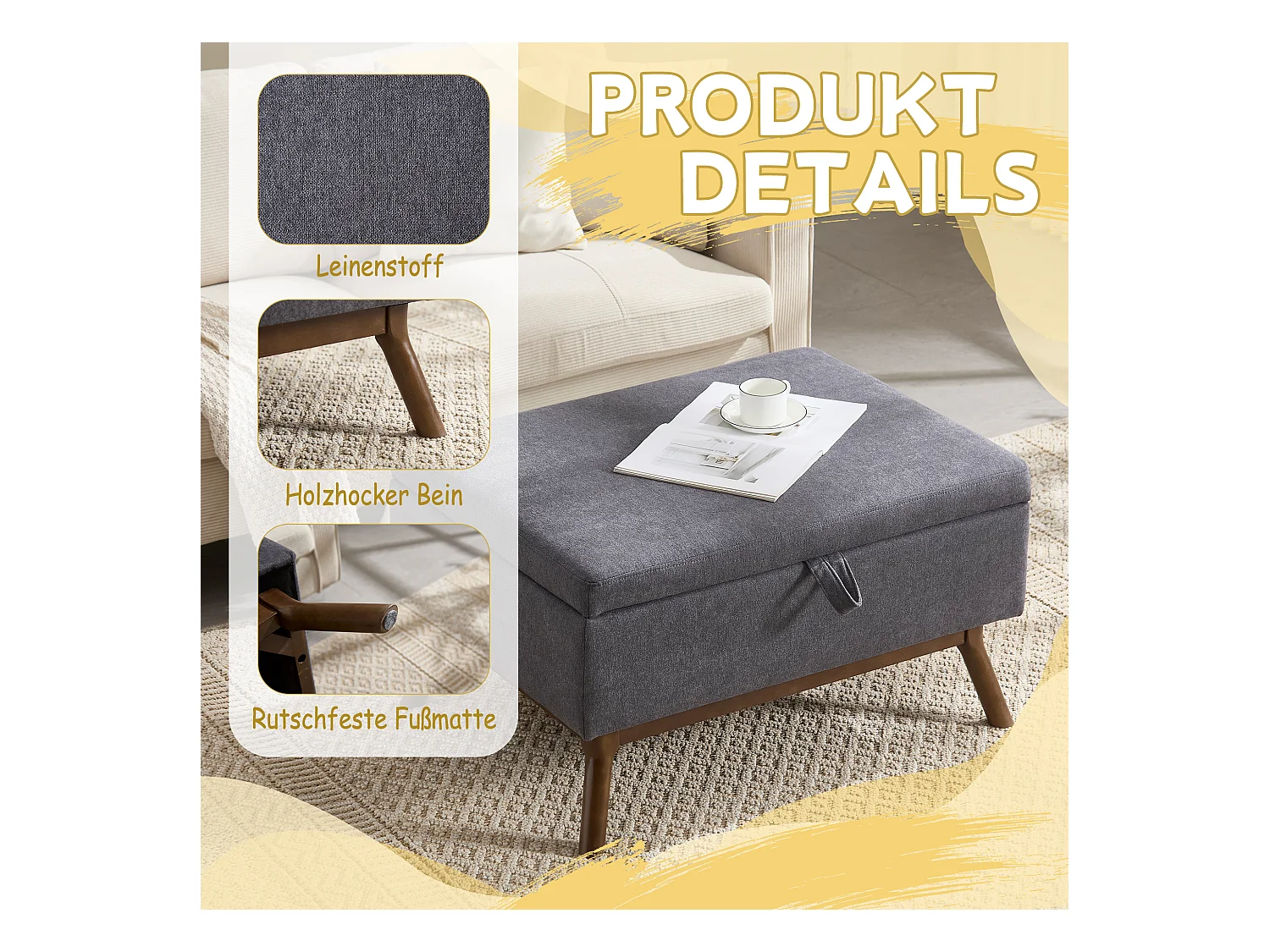 Table basique moderne carrée avec rangement, design milieu de siècle, bois massif et lin, gris foncé (80x59x45cm)