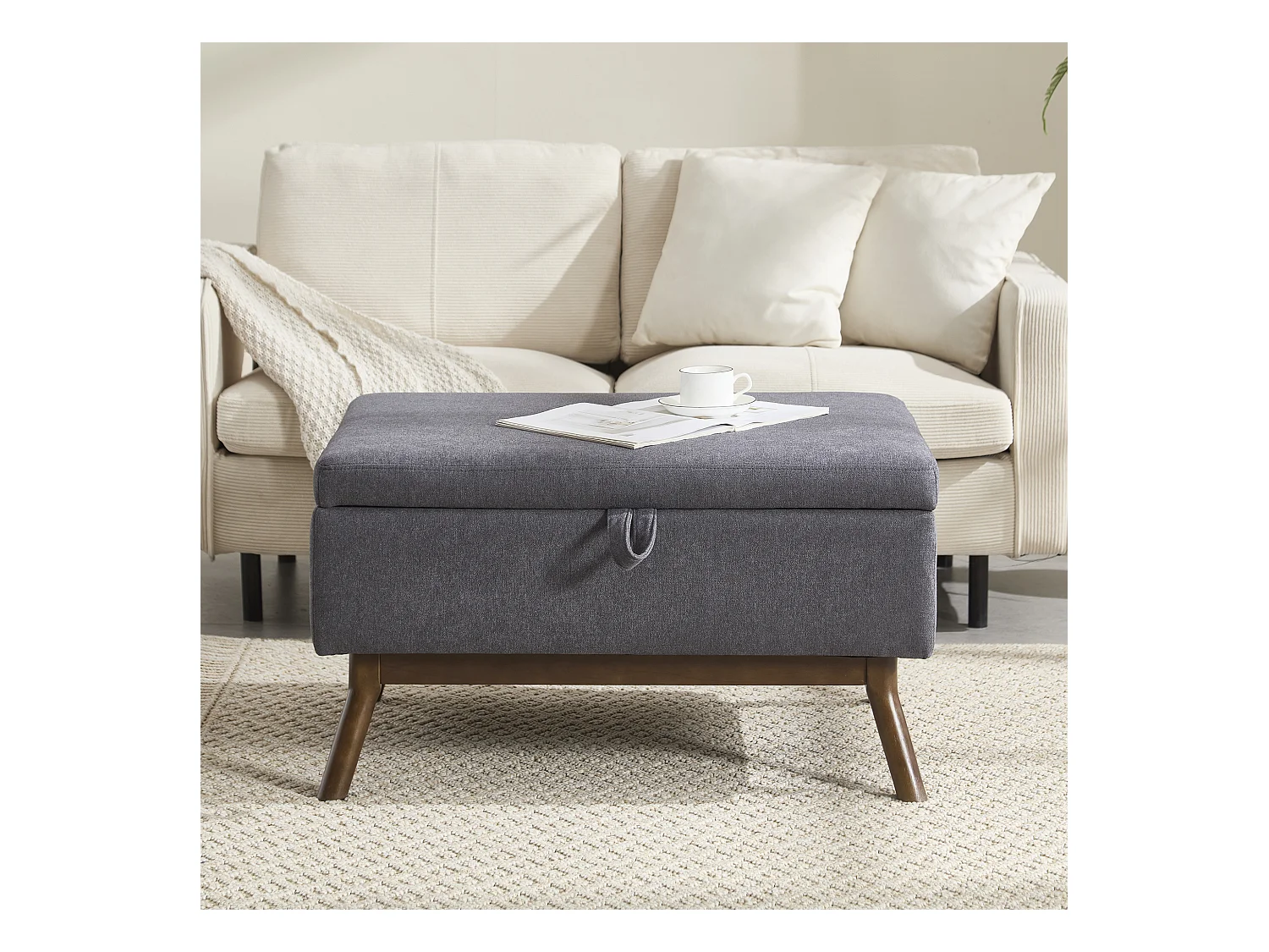 Table basique moderne carrée avec rangement, design milieu de siècle, bois massif et lin, gris foncé (80x59x45cm)